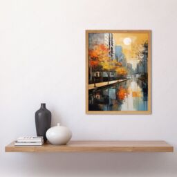 "Artery8 Wall Art Print Cityscape River Canal Oil Painting Blue Orange Trees Autumn in the City Art Framed in Light Oak - Size: W12"" x H16""" - thumbnail 2
