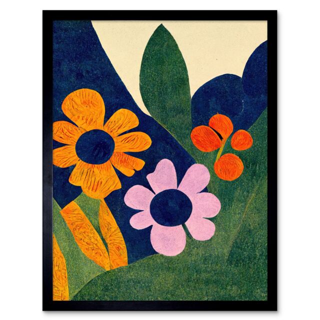 "Artery8 Wall Art Print Abstract Painting Bright Matisse Style Flowers Mustard Navy Lilac Orange Art Framed in Black - Size: W12"" x H16""" - image 1