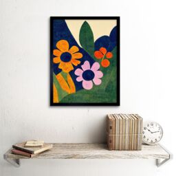 "Artery8 Wall Art Print Abstract Painting Bright Matisse Style Flowers Mustard Navy Lilac Orange Art Framed in Black - Size: W12"" x H16""" - thumbnail 2