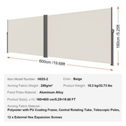 "VEVOR Beige Retractable Awning 63"" x 236"" Aluminium Outdoor Privacy Screen" - thumbnail 7