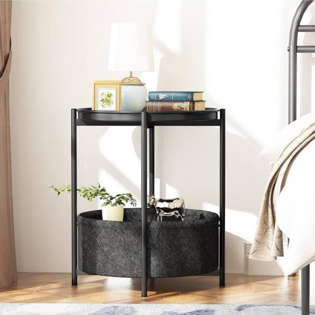 Huhote Fabric 2 Tier Round End Side Table With Storage Basket Nightstand in Black - image 1