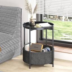 Huhote Fabric 2 Tier Round End Side Table With Storage Basket Nightstand in Black - thumbnail 2