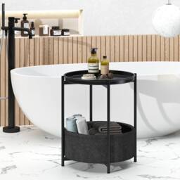 Huhote Fabric 2 Tier Round End Side Table With Storage Basket Nightstand in Black - thumbnail 5