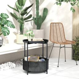 Huhote Fabric 2 Tier Round End Side Table With Storage Basket Nightstand in Black - thumbnail 6