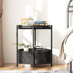 Huhote Fabric 2 Tier Round End Side Table With Storage Basket Nightstand in Black - thumbnail 1