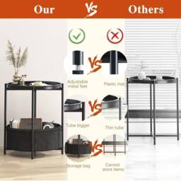 Huhote Fabric 2 Tier Round End Side Table With Storage Basket Nightstand in Black - thumbnail 3