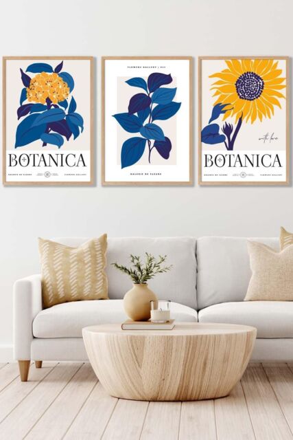 ARTZE Set of 3 Oak Framed Bright Blue Flower Market & Yellow Sunflower Wall Art - Size: W33 cm x H45 cm x D20mm - image 1