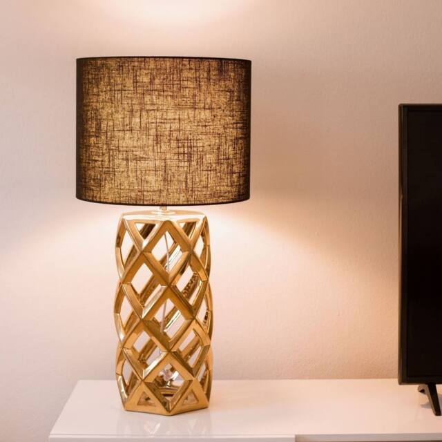 Wyld and Coco Table Lamp - Golden Ceramic Base Black Drum Shade in Gold - image 1