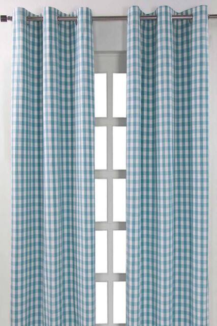 Homescapes Cotton Block Check Gingham Eyelet Curtain Pair in Blue - Size: 117 cm width x 137 cm drop - image 1
