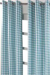 Homescapes Cotton Block Check Gingham Eyelet Curtain Pair in Blue - Size: 117 cm width x 137 cm drop - thumbnail 2