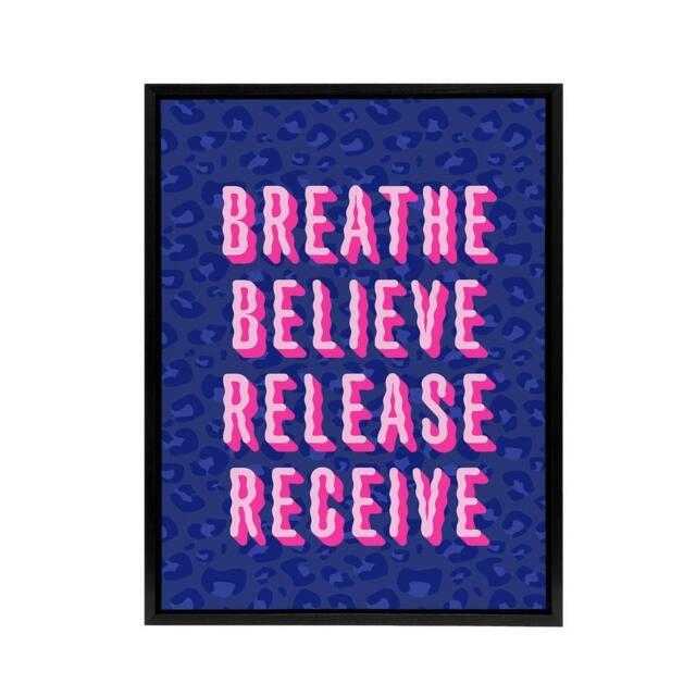 "Artery8 Breathe Believe Release Receive Cheetah Print Framed Canvas Art Print in Blue - Size: W12"" x H16""" - image 1