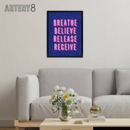 "Artery8 Breathe Believe Release Receive Cheetah Print Framed Canvas Art Print in Blue - Size: W12"" x H16""" - thumbnail 3