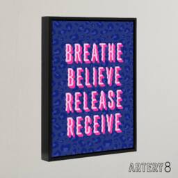 "Artery8 Breathe Believe Release Receive Cheetah Print Framed Canvas Art Print in Blue - Size: W12"" x H16""" - thumbnail 2