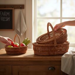 Red Hamper Wicker Set of 3 Oval Gift Shopping Baskets in Brown - thumbnail 2