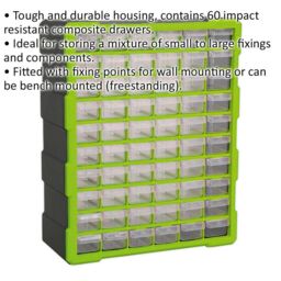 Loops 380 x 160 x 475mm 60 Drawer Parts Cabinet - GREEN - Wall Mounted / Standing Box - thumbnail 2