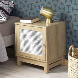 CALICOSY Bedside Table With 1 Door & Rattan Front in Light Brown - thumbnail 2
