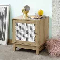CALICOSY Bedside Table With 1 Door & Rattan Front in Light Brown - thumbnail 4