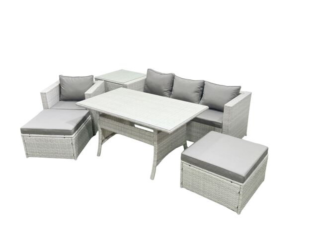 Fimous Rattan Garden Furniture Set Outdoor 6 Seater Patio Dining Sets with Glass Top Dining Table & Side Table Light Grey Mixed - image 1
