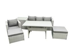 Fimous Rattan Garden Furniture Set Outdoor 6 Seater Patio Dining Sets with Glass Top Dining Table & Side Table Light Grey Mixed - thumbnail 2