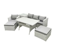 Fimous Rattan Garden Furniture Set Outdoor 6 Seater Patio Dining Sets with Glass Top Dining Table & Side Table Light Grey Mixed - thumbnail 1