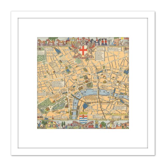 Artery8 1938 Childrens Map Of London 8X8 Inch Square Wooden Framed Wall Art Print Picture with Mount in White - image 1