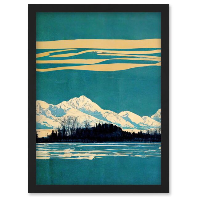 Artery8 Winter Lakeside Landscape With Snowy Mountains Duotone Teal Artwork Framed Wall Art Print A4 in Black - image 1