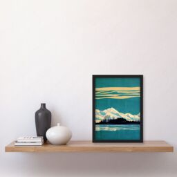 Artery8 Winter Lakeside Landscape With Snowy Mountains Duotone Teal Artwork Framed Wall Art Print A4 in Black - thumbnail 2