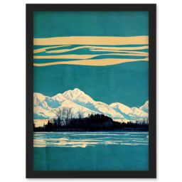 Artery8 Winter Lakeside Landscape With Snowy Mountains Duotone Teal Artwork Framed Wall Art Print A4 in Black - thumbnail 1