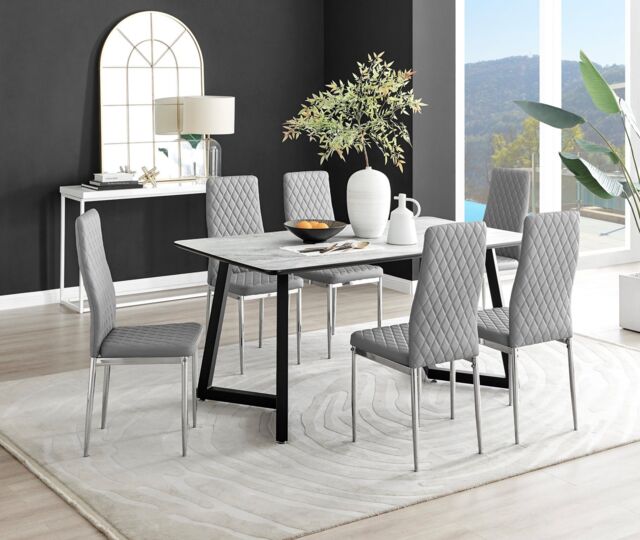 FurnitureboxUK Carson White Marble Effect Dining Table & 6 Milan Chrome Leg Chairs in Grey - image 1