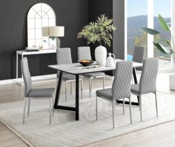 FurnitureboxUK Carson White Marble Effect Dining Table & 6 Milan Chrome Leg Chairs in Grey - thumbnail 1