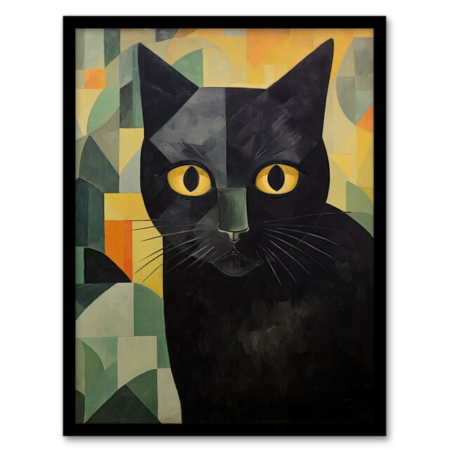 Artery8 My Name Is Geoff By Alex Robins Black Cat Art Deco Geometric Art Print Framed Poster Wall Decor - Size: A4 - image 1