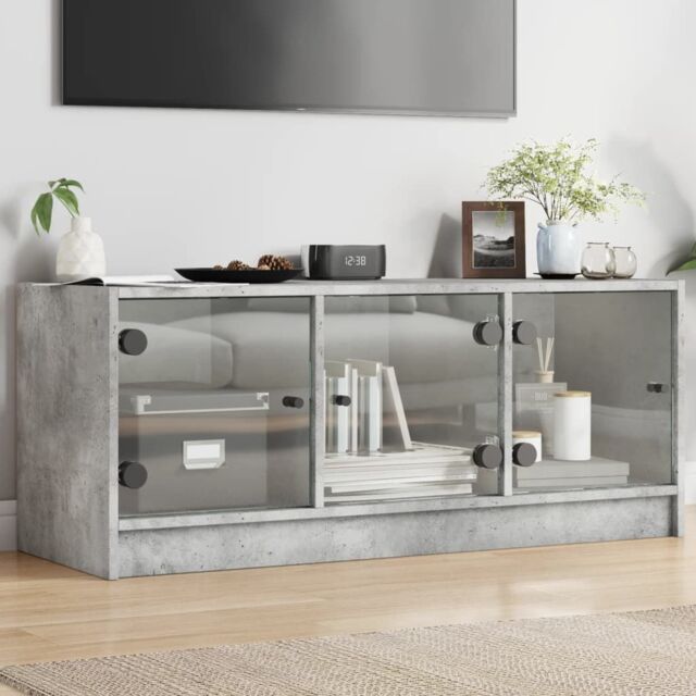 Berkfield Home TV Cabinet with Glass Doors Concrete Grey 102x37x42 cm - Size: 102 x 37 x 42 cm - image 1