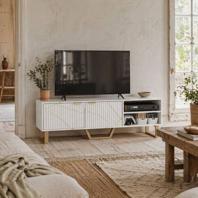 Wyld Haus Veriri 140cm White Marble Effect TV Unit Fluted Doors & Gold Accents - image 1