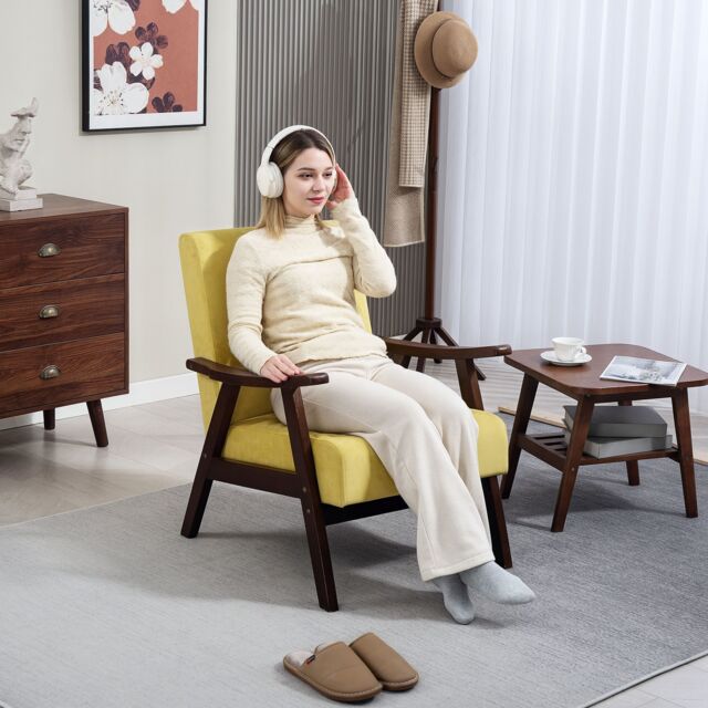 HOMCOM Velvet Armchair with Solid Wood Frame & Thick Padded in Yellow - image 1