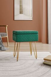 Living and Home Upholstered Storage Ottoman Vanity Stool in Green - thumbnail 1