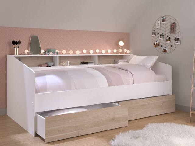 Vente-unique Bed 90 X 190/200 Cm With Storage - White & Natural - PAULETTE in Light Oak - Size: Single - image 1