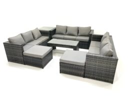 Fimous Outdoor Garden Furniture Set 7 Pieces Rattan Sofa Set with Coffee Table 2 Big Footstools Side Table Dark Grey Mixed - thumbnail 2