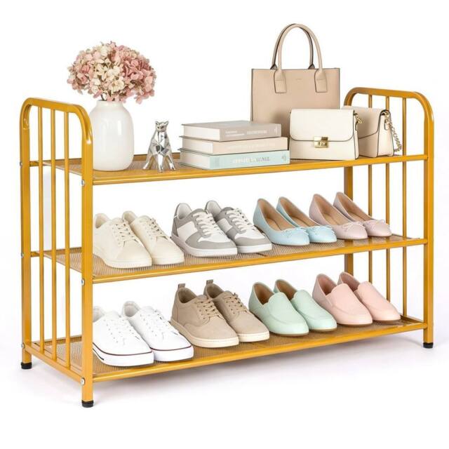 Kelvenix 80X27X53cm 3Tier Metal Shoe Rack Free-Standing in Gold - Size: 0.6m2 - image 1