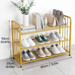 Kelvenix 80X27X53cm 3Tier Metal Shoe Rack Free-Standing in Gold - Size: 0.6m2 - thumbnail 2