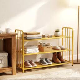 Kelvenix 80X27X53cm 3Tier Metal Shoe Rack Free-Standing in Gold - Size: 0.6m2 - thumbnail 5
