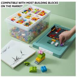 Greentainer Stackable Plastic Storage Toy Bins with Lids & Removable Tray in Green - thumbnail 4