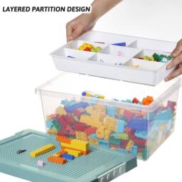 Greentainer Stackable Plastic Storage Toy Bins with Lids & Removable Tray in Green - thumbnail 3