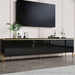 STILVORA TV Stand with 4 Doors & High-Gloss Finish in Black - thumbnail 3