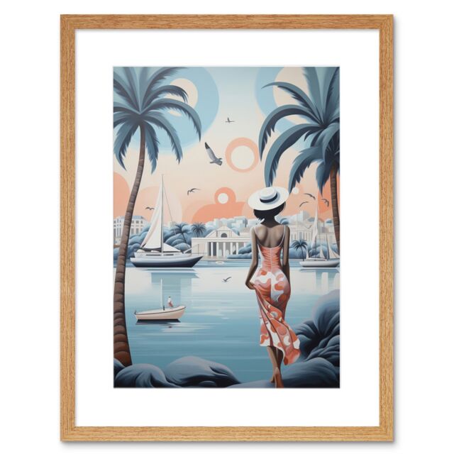 Artery8 Wall Art Print French Riviera Palm Tree Coastline Boats Stylised Artwork Teal Coral Pink Woman Cote d'Azur Nice Coastal Landscape Artwork - image 1