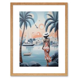 Artery8 Wall Art Print French Riviera Palm Tree Coastline Boats Stylised Artwork Teal Coral Pink Woman Cote d'Azur Nice Coastal Landscape Artwork - thumbnail 1