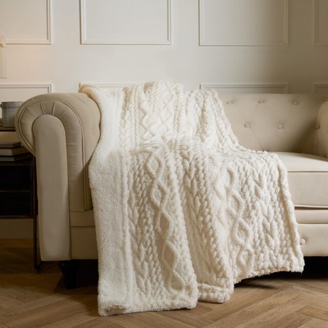 OHS Cable Knit Blanket Sherpa Fleece Sofa Plush Supersoft Warm Throw Over Bed Chair in Cream - image 1
