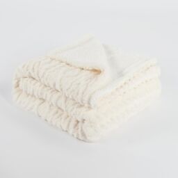 OHS Cable Knit Blanket Sherpa Fleece Sofa Plush Supersoft Warm Throw Over Bed Chair in Cream - thumbnail 3
