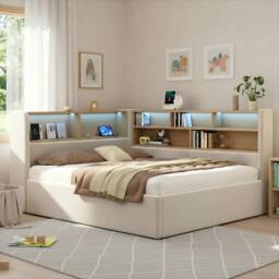 Merax 4ft6 Double L-Shaped Daybed with Headboard Storage, LED & USB Ports in Beige - thumbnail 5