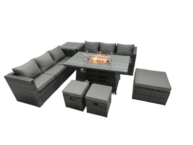 Fimous Rattan Garden Furniture Firepit Dining Set 9 Seater Lounge Sofa Table Set with Side Table 3 Footstool in Dark Grey - image 1
