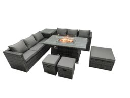Fimous Rattan Garden Furniture Firepit Dining Set 9 Seater Lounge Sofa Table Set with Side Table 3 Footstool in Dark Grey - thumbnail 1